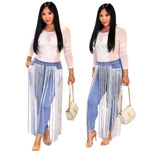 Light Washed Denim High Waist Long Fringe Jeans